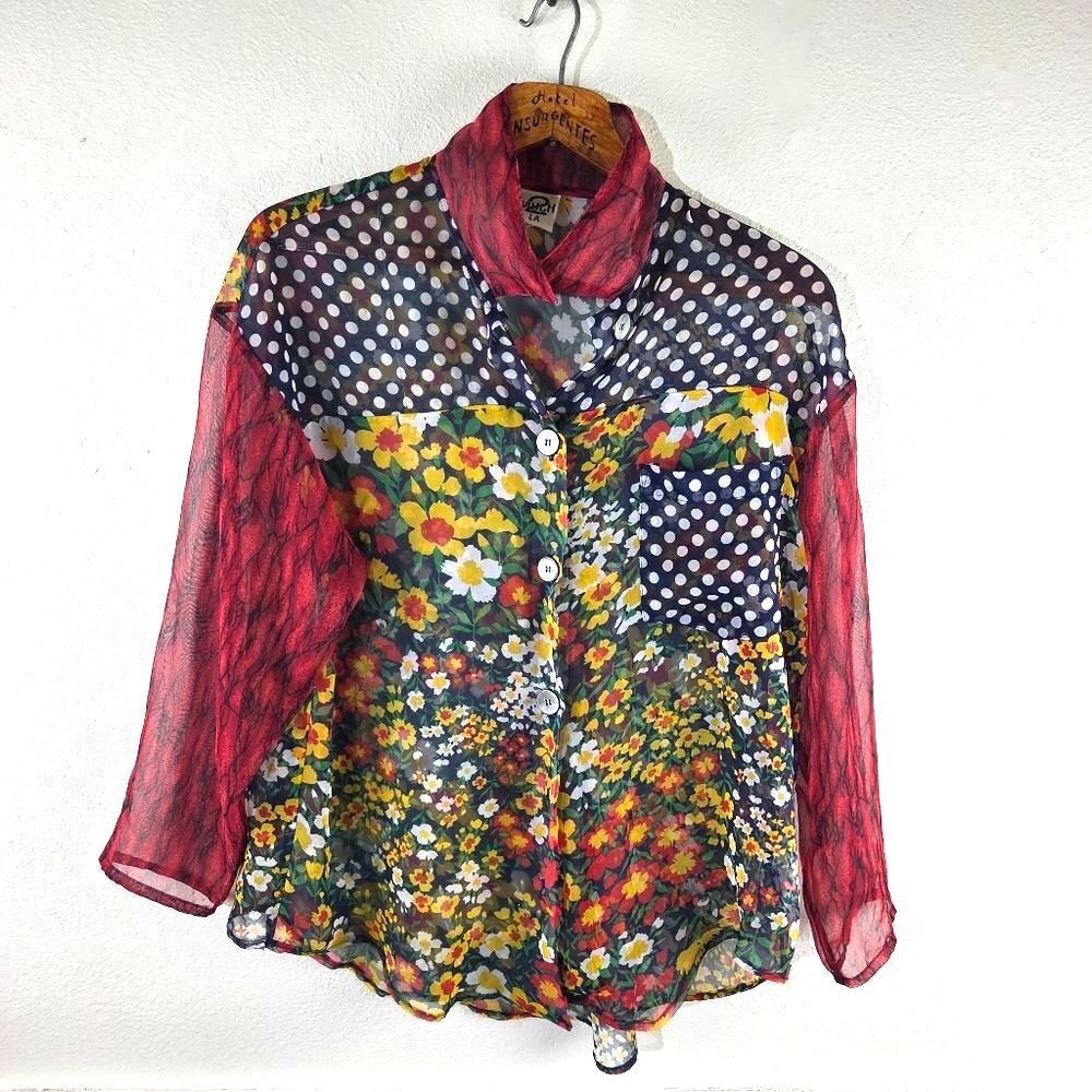 Vintage Patchwork 80s 90 Floral Polka Dot Sheer Blouse Top M USA Colorful Button